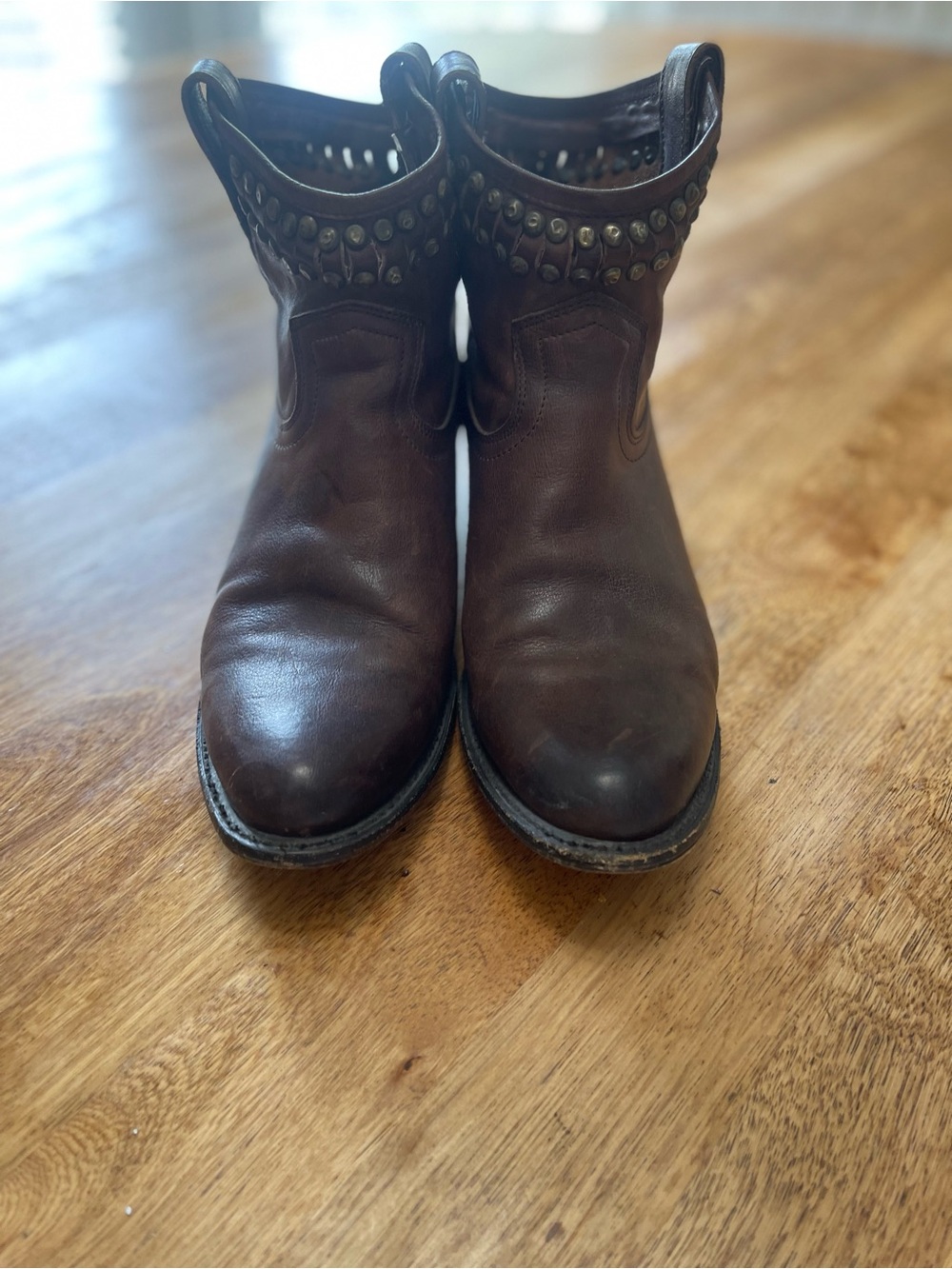 Frye Brown Leather Stud Accent Ankle Boots
